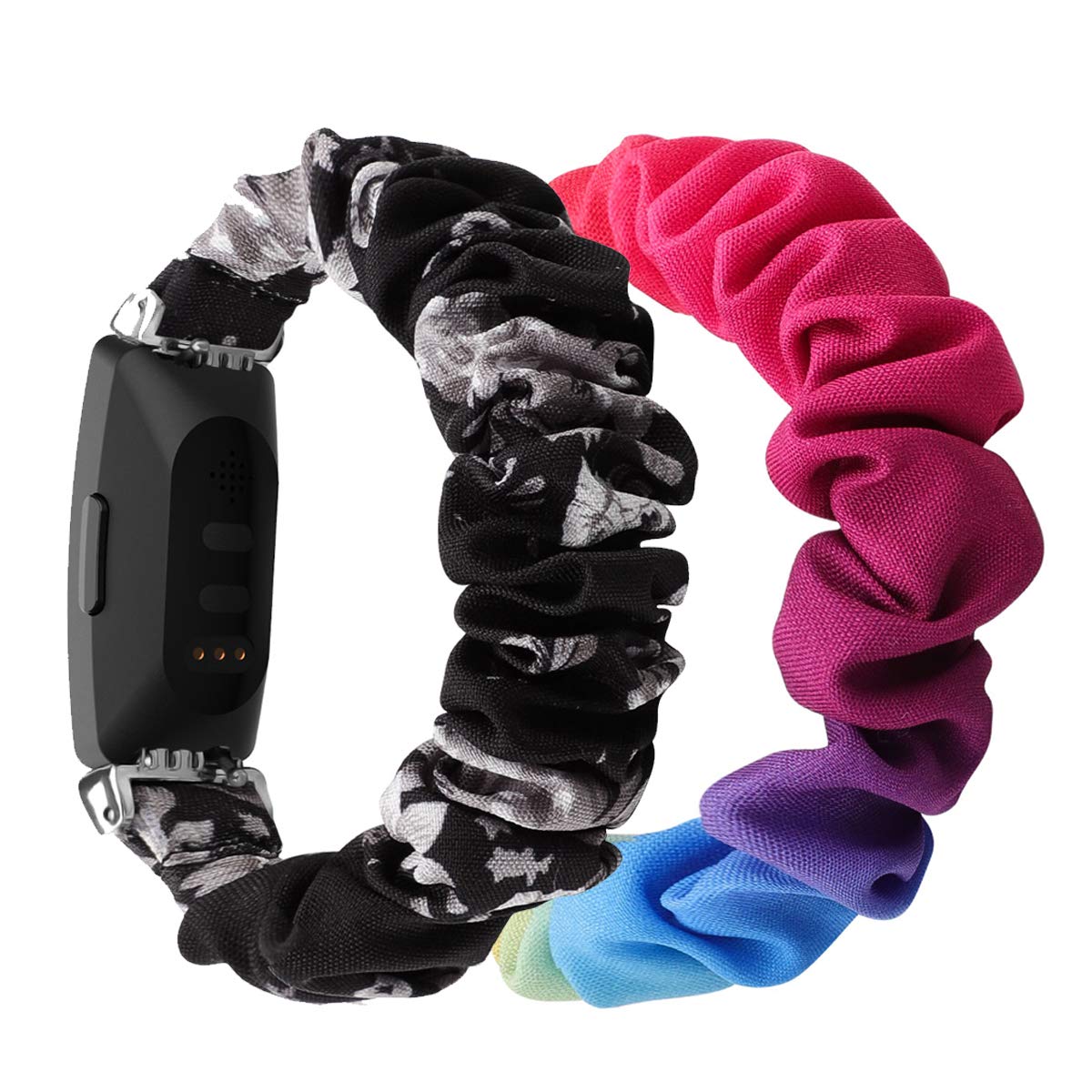 Chofit (2-Pack Strap Compatible with Fitbit Inspire 2/Inspire HR/Inspire Straps, Replacement Scrunchies Arm Band Chiffon Satin Wristband for Inspire 2 Fitness Tracker (Large, Black-Grey+Rainbow)