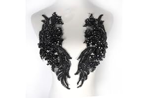 LABELLEZALADY 1 Pair Hand-Made Beaded Rhinestons DIY Clothing Appliques Patch,14.5" *4.9" Wedding Dress Decoration,Black Flower Applique by Pair