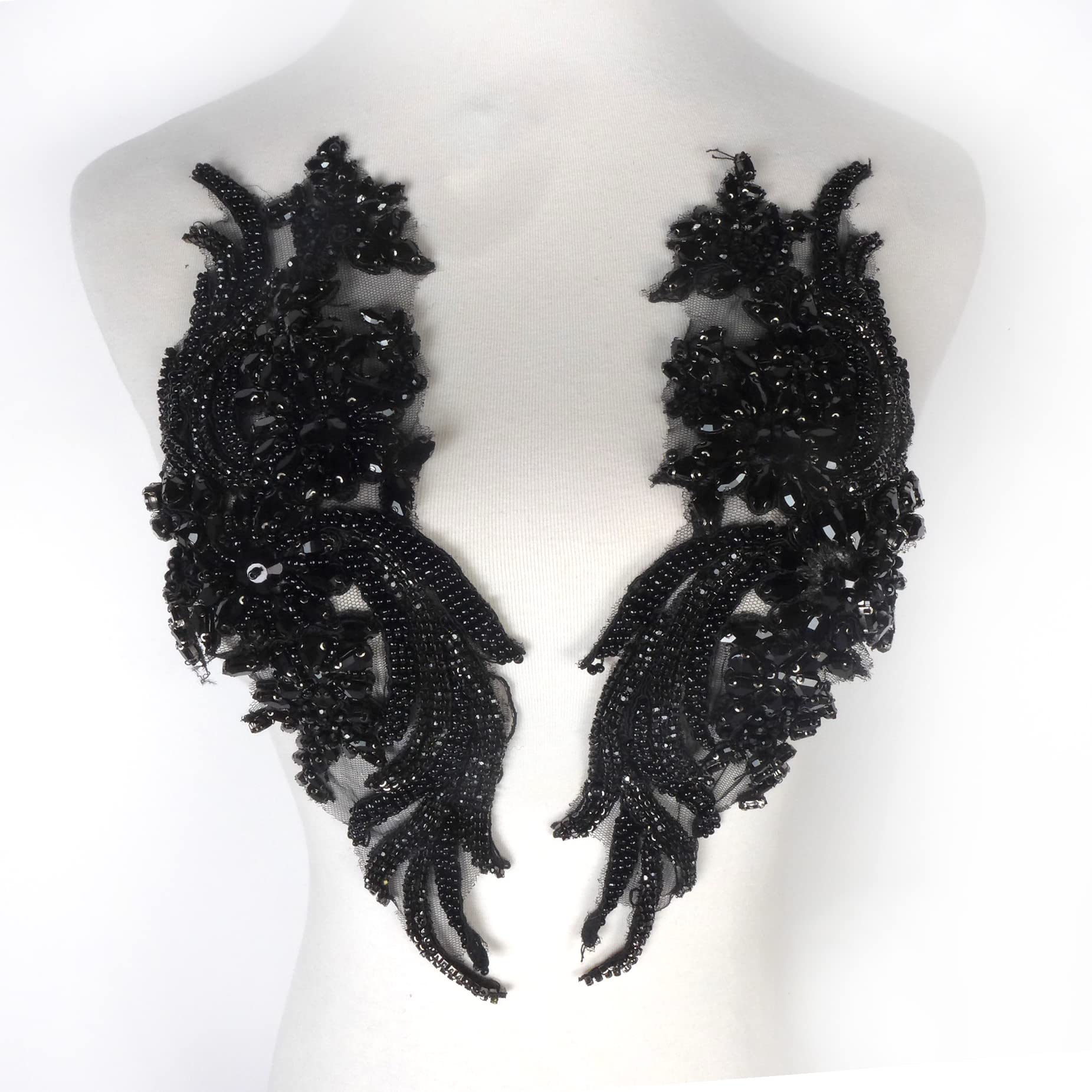 Photo 1 of 1 Pair Hand-Made Beaded Rhinestons DIY Clothing Appliques Patch,14.5" *4.9" Wedding Dress Decoration,Black Flower Applique by Pair