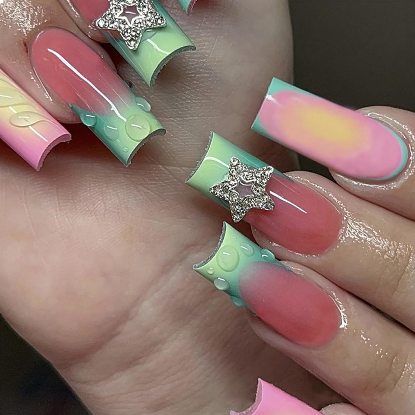 GlamRays 24 Piece Long Square Press On Nails Set Fresh Design Blue French Style Beautiful Yellow Ombre False Nails Shimmering Metallic Star 3D Stripe Nails