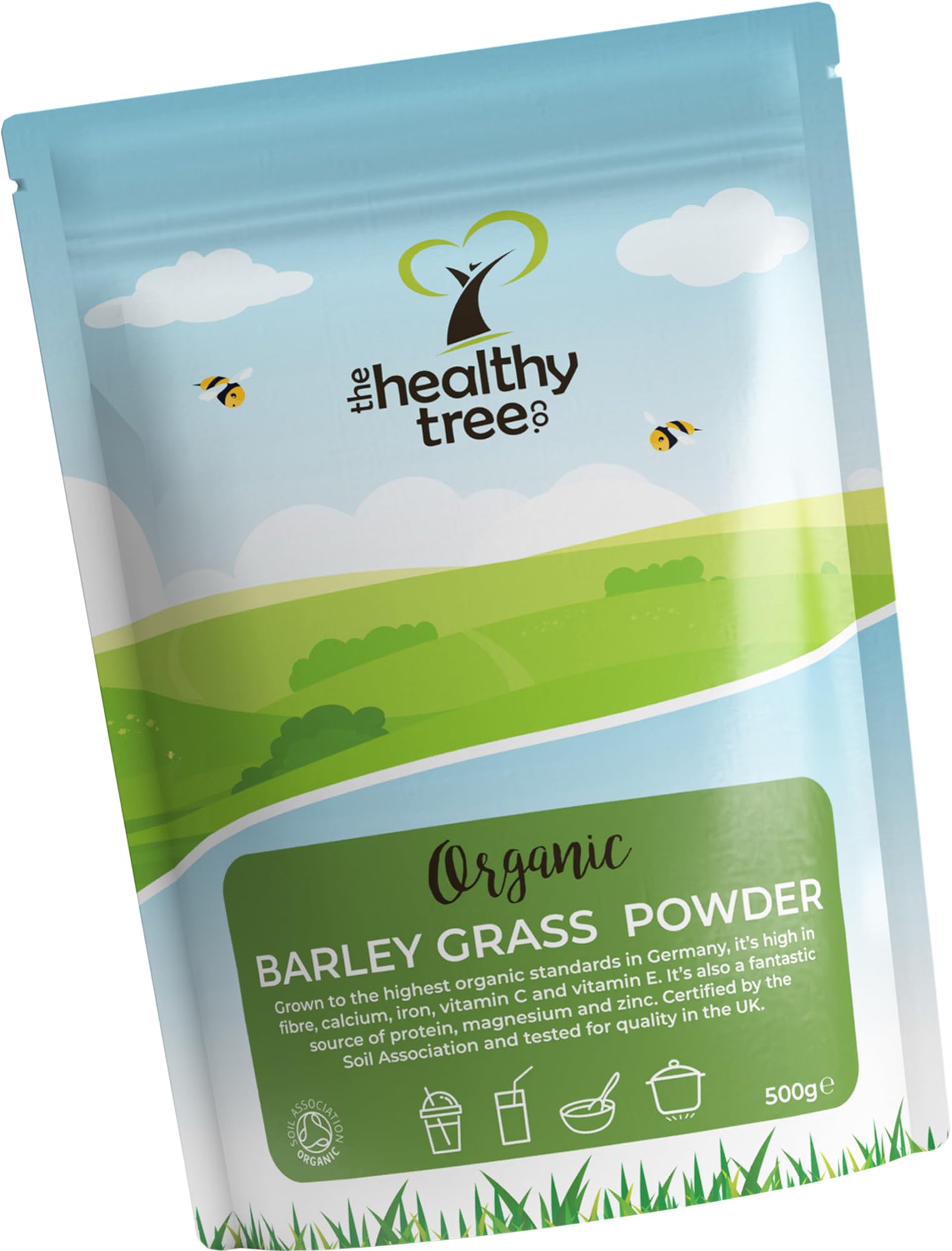 Organic Barley Grass Powder by TheHealthyTree Company - High in Calcium, Fibre, Iron and Vitamin C - Gluten Free Pure Vegan Barleygrass from Germany (500g)