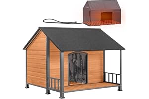 AIVITUVIN Heated Outdoor Dog House for Winter, Large Wooden Dog Kennel with Heated Pad, Insulated Liner, Metal Frame, Waterproof Roof, Raised Base and Porch for Medium to Large Dogs