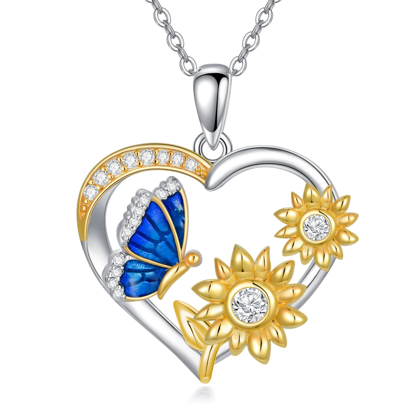 URONE Sunflower Necklace Sterling Silver Sunflower Butterfly Heart Pendant You Are My Sunshine Sunflower Mother's Day Jewellery Gifts for Women