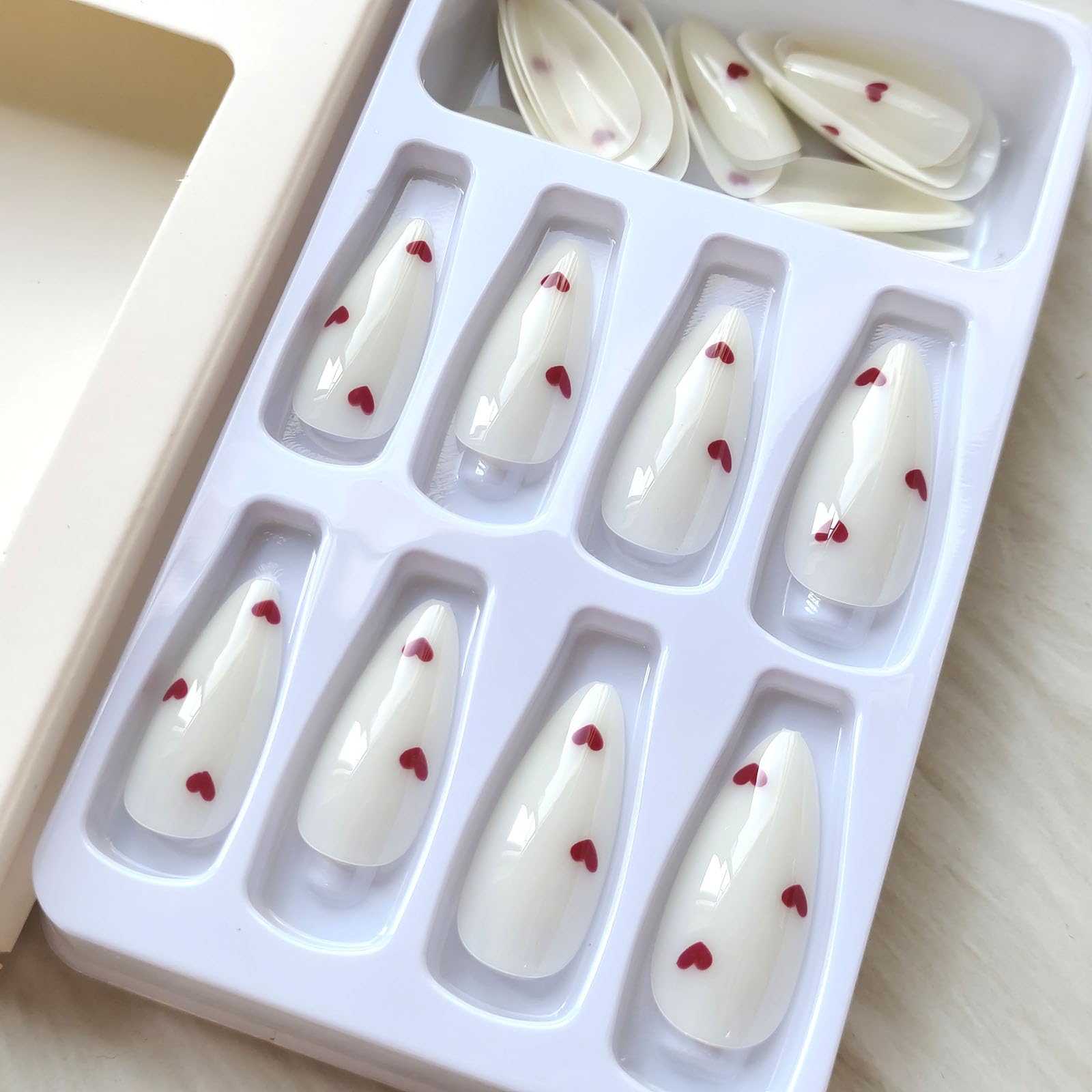 Almond Press on Nails Heart Fake Nails Medium Length Acrylic Nails Glossy Yogurt White False Nails with Wine Red Heart Designs Daily Glue on Nails for Women Girls - Image 5