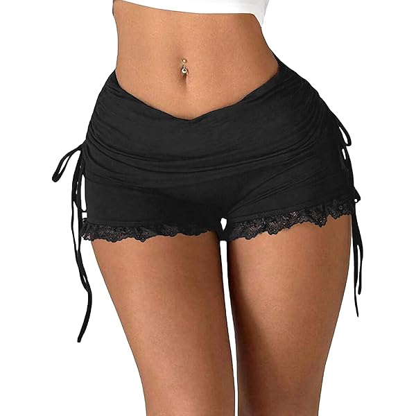 WDIRARA Women's Side Drawstring Ruched Lace Shorts Low Rise