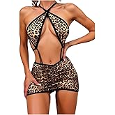 SOLY HUX Women's 2 Piece Leopard Lingerie Set Cheetah Criss Cross Halter Teddy Bodysuit with Mini Skirt