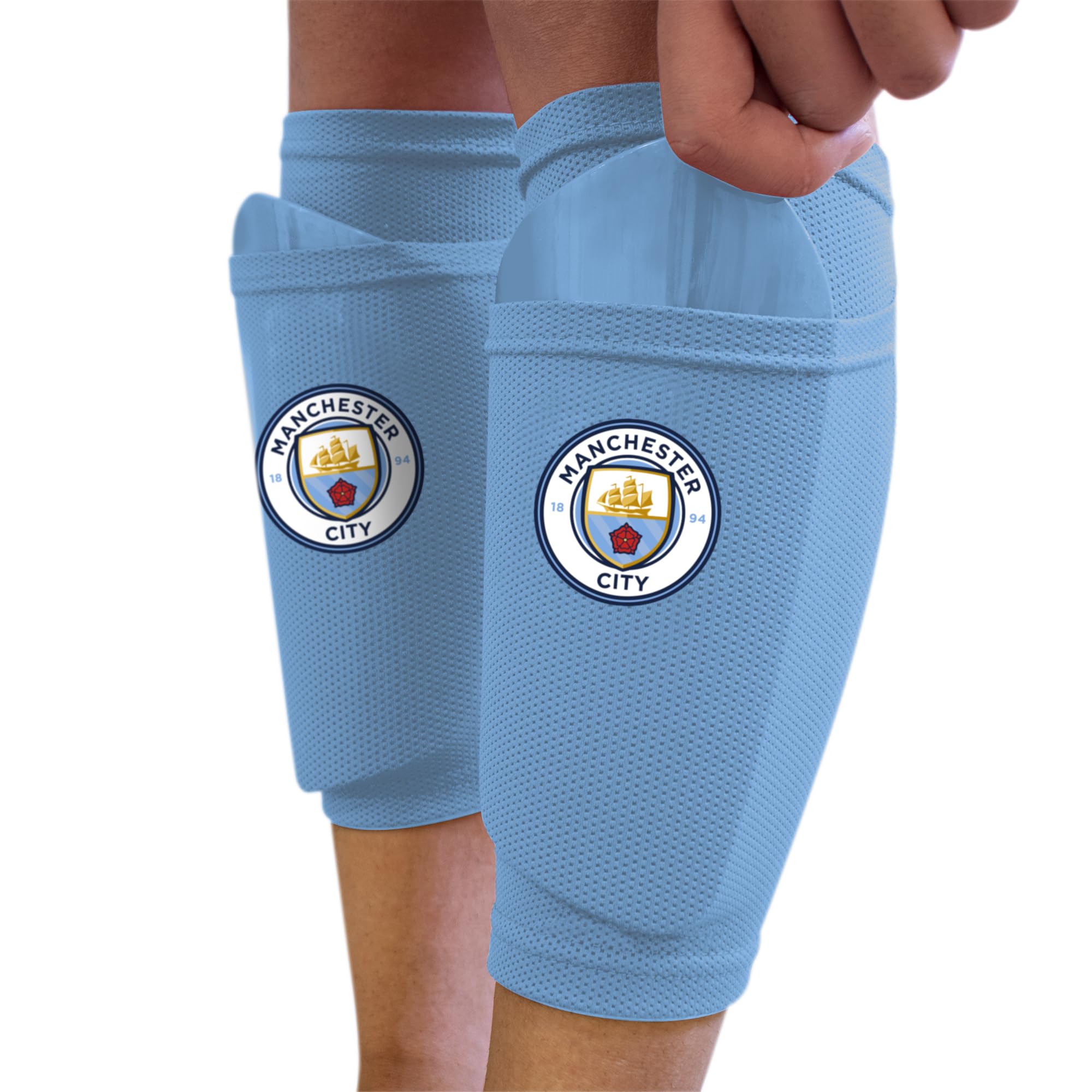 Hy-Pro Officially Licensed Manchester City F.C. Shin Pad With Sock Sleeve, Youth - Shin Guard, Breathable, Lightweight, Durable, Protective Gear, Man City, Merchandise, Great Football Gift Idea