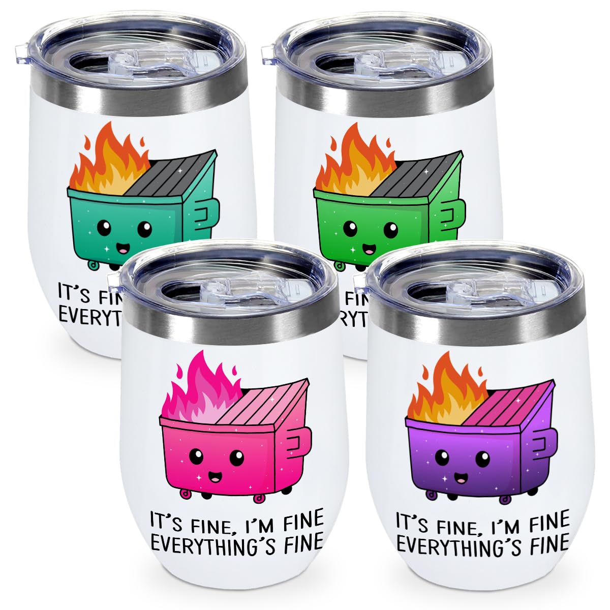 Photo 1 of 4 Pcs Funny Everything Is Fine Tumbler Cup, 12 oz Insulated Coffee Mug, Double Wall Vacuum Travel Mugs, Heat Insulation Stainless Steel Cups, Leak-Proof Wine Tumbler for Home Office Travel Camping