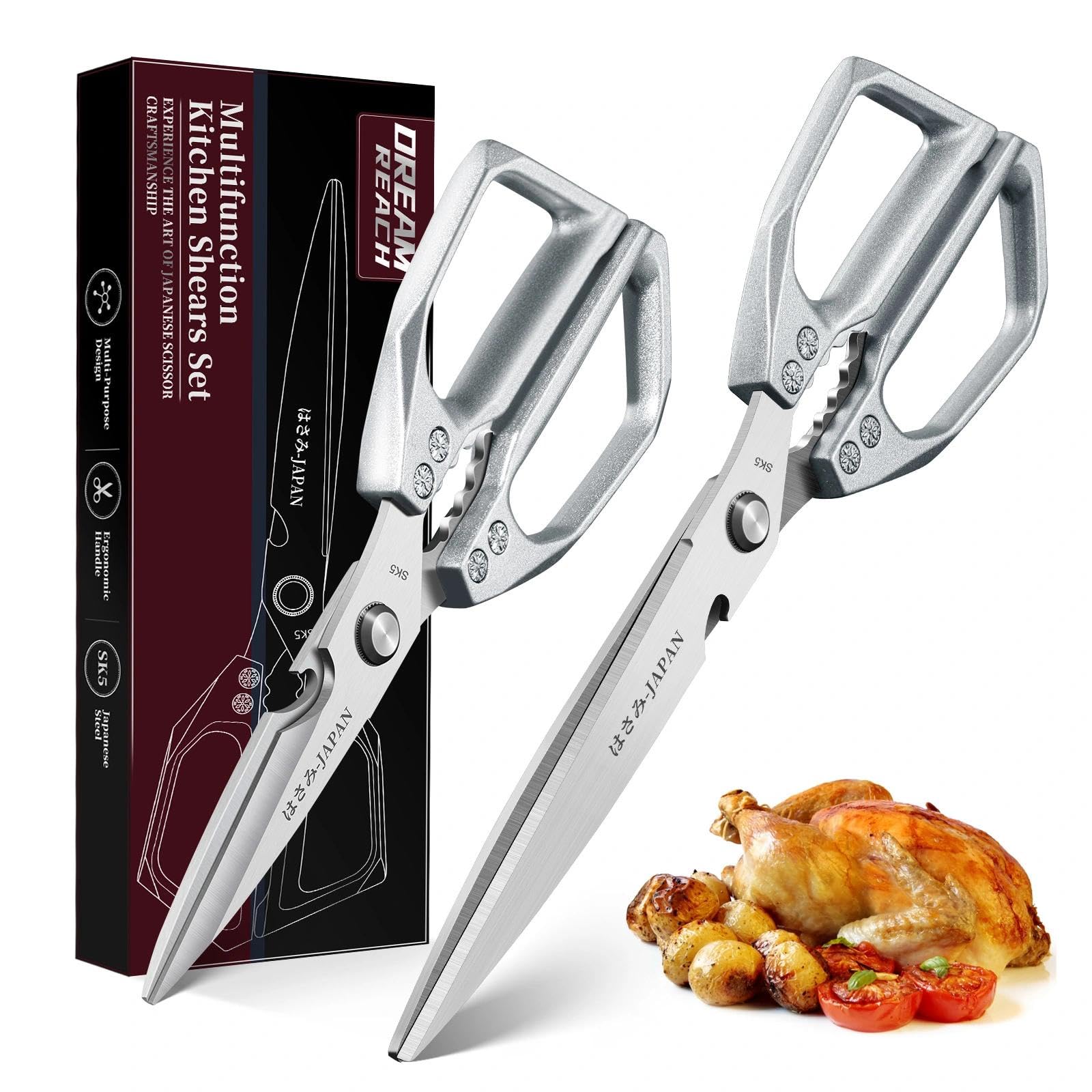 Dream Reach Küchenschere Set Silber - Edelstahl Geflügelschere, Scharf Haushaltsschere und Verlängert Küchen Schere für Fleisch, Hühnerknochen und Pute Geschenke für Mama
