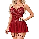 Girece Women's Lace Babydoll Lingerie Dress with Underwire Push up Bra Floral Lace Chemise Mini Skirt Lingerie Nightgown with Garter Belt (Wine Red, M)