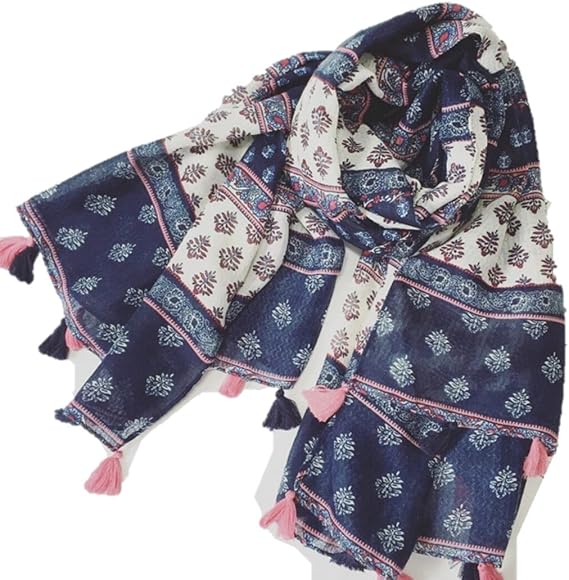 Amazon Nananahappy レディース 大判 ストール スカーフ ショール 大判 ネイビー ピンク 小花柄 春 夏 秋 フリンジ 2 スカーフ 通販