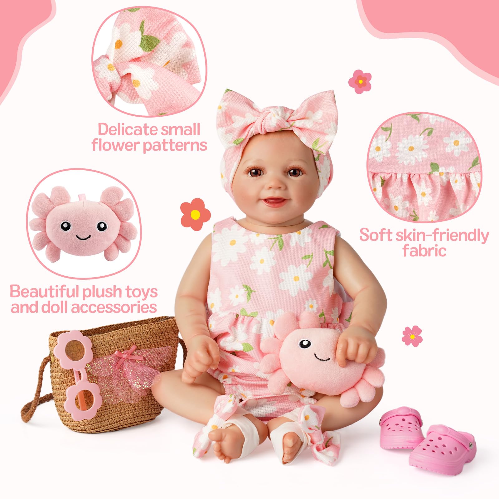 BABESIDE 16-20 Inch Reborn Baby Doll Clothes Set with 16 Inch Doll Shoes for Reborn Dolls, Summer Floral Babydoll Clothes with Bag Headband for Realistic Baby Dolls Accessories, Pink
