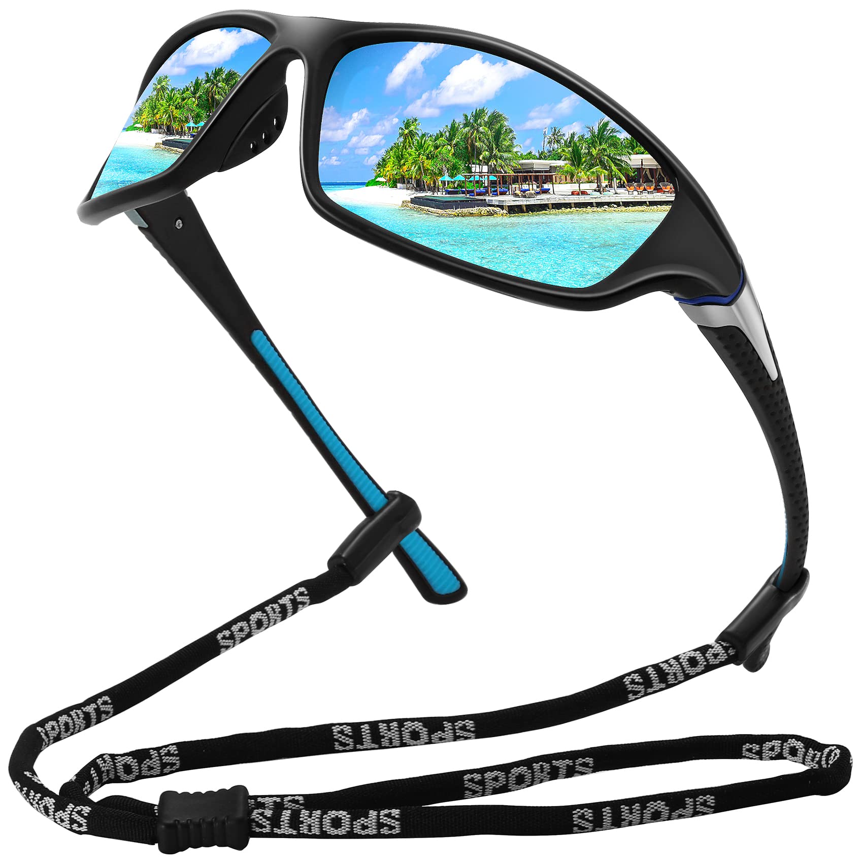 MEETSUN Polarized Sports Sunglasses for Men Women Driving Cycling Fishing Sun Glasses UV400 Protection Black Frame-Blue Mirror Lens