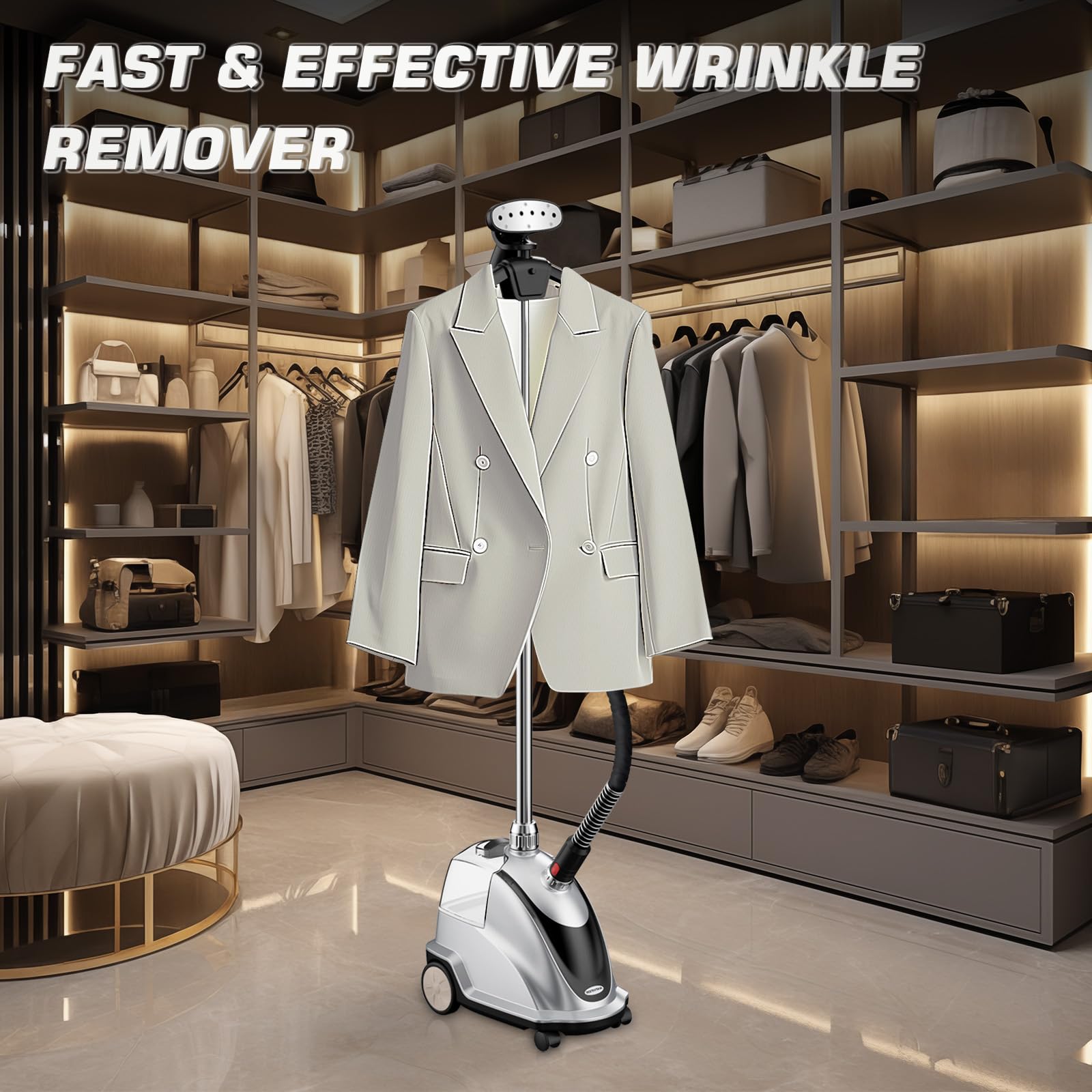 Anthter Steamer for Clothes, 1500W Powerful Standing Garment Steamer with Roll Wheels, 2.4L Water Tank for 90 Mins Continuous Steaming, 35s Fast Heat-up (Silver)