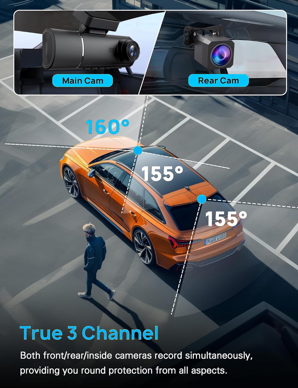 3 Channel 4K Dash Cam Front and Rear Inside, Built-in 5G WiFi,4K+1080P+1080P Dash Camera with 64GB Card,3.16” IPS Screen,Loop Recording, G-Sensor, 24H Parking Monitor, Night Vision(Black)