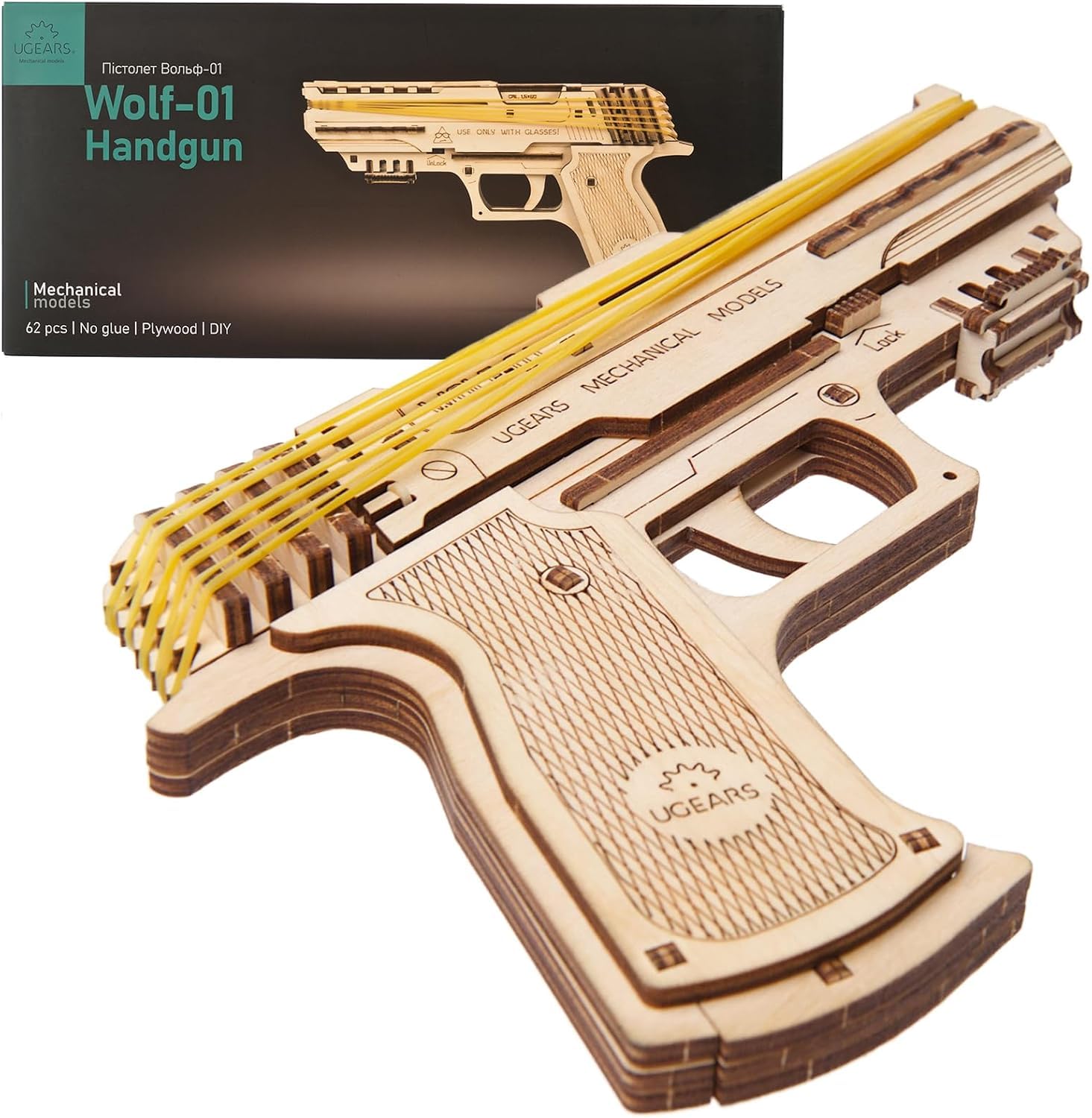 Ugears Wolf-01 Handgun Assembly Kit - DIY Wooden Gun with Rubber Bands- Mechanical Model Kit Grown-ups- 62-piece Collectible Wooden Handgun - Fun Family Activity
