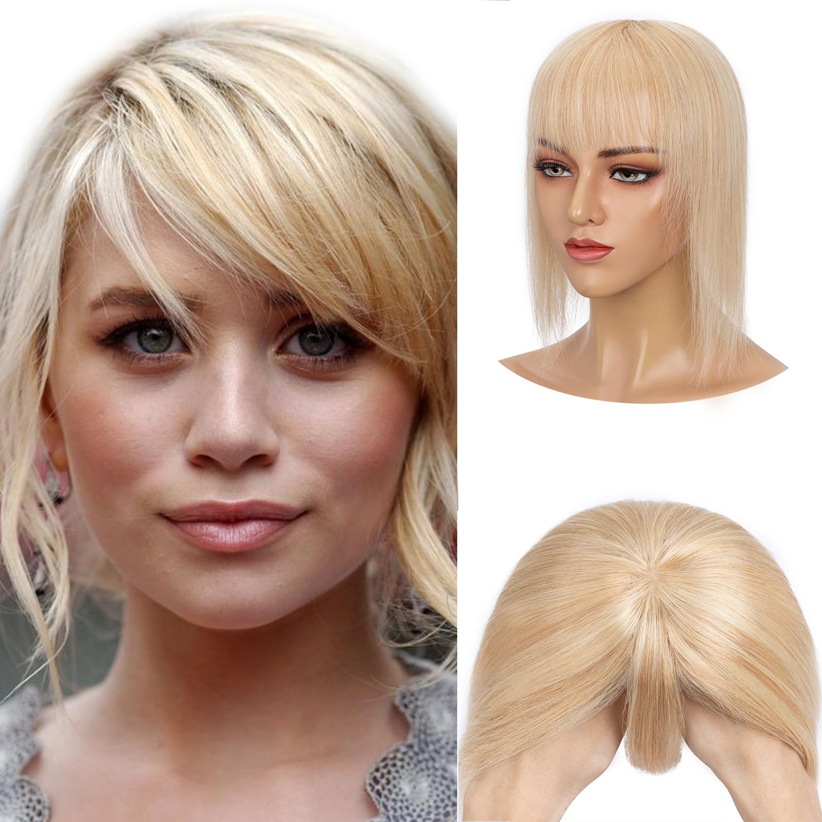 Elailite Hair Toppers for Thinning Hair Women Real Hair with Bangs - Crown Hair Extension Invisible Hairpiece Real Human Hair Clip in Mono Base (#18/613 Ash Blonde Mix Bleach Blonde, 14 inch)