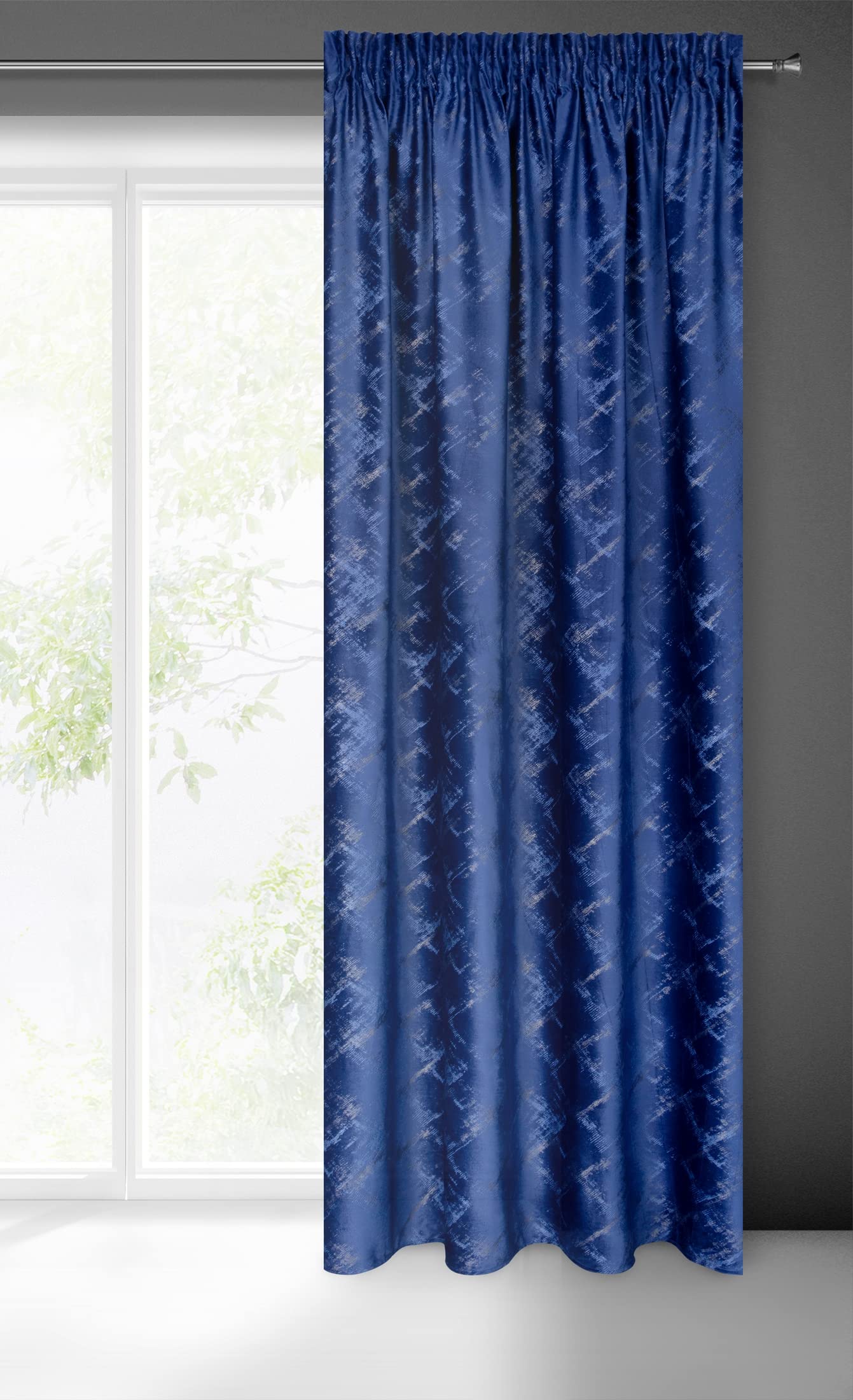 Eurofirany Adria Velvet Curtain with Ruffle Tape, Patterned Velvet Look, Geometric Pattern, Modern Living Room, Bedroom, Balcony Door, 140 x 270 cm, Dark Blue, Grey, Dark Blue/Grey, 140 x 270 cm, 140