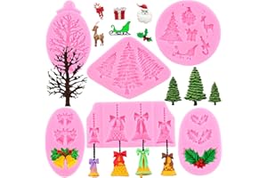 Mujiang Christmas Silicone Molds Christmas Tree Bell Holly Leaf Fondant Mold Reindeer Santa Chocolate Candy Mold For Xmas New Year Party Cake Decorating Cupcake Topper Gum Paste Polymer Clay Set Of 6