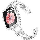 Surace Compatible with Apple Watch Bands for Women 40mm 41mm 44mm 45mm 42mm 46mm, Bow Jewelry Diamond Rhinestone Link Bracelet with 2 in 1 Waterproof Case for iWatch Series 11/10/9/8/7/6/5/4 SE3/2/1