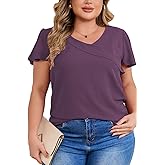 CARROTMOB Womens Plus Size Casual Blouses Asymmetrical V Neck Loose Flowy Tops Ruffle Short Sleeve Summer Plus Size Shirts
