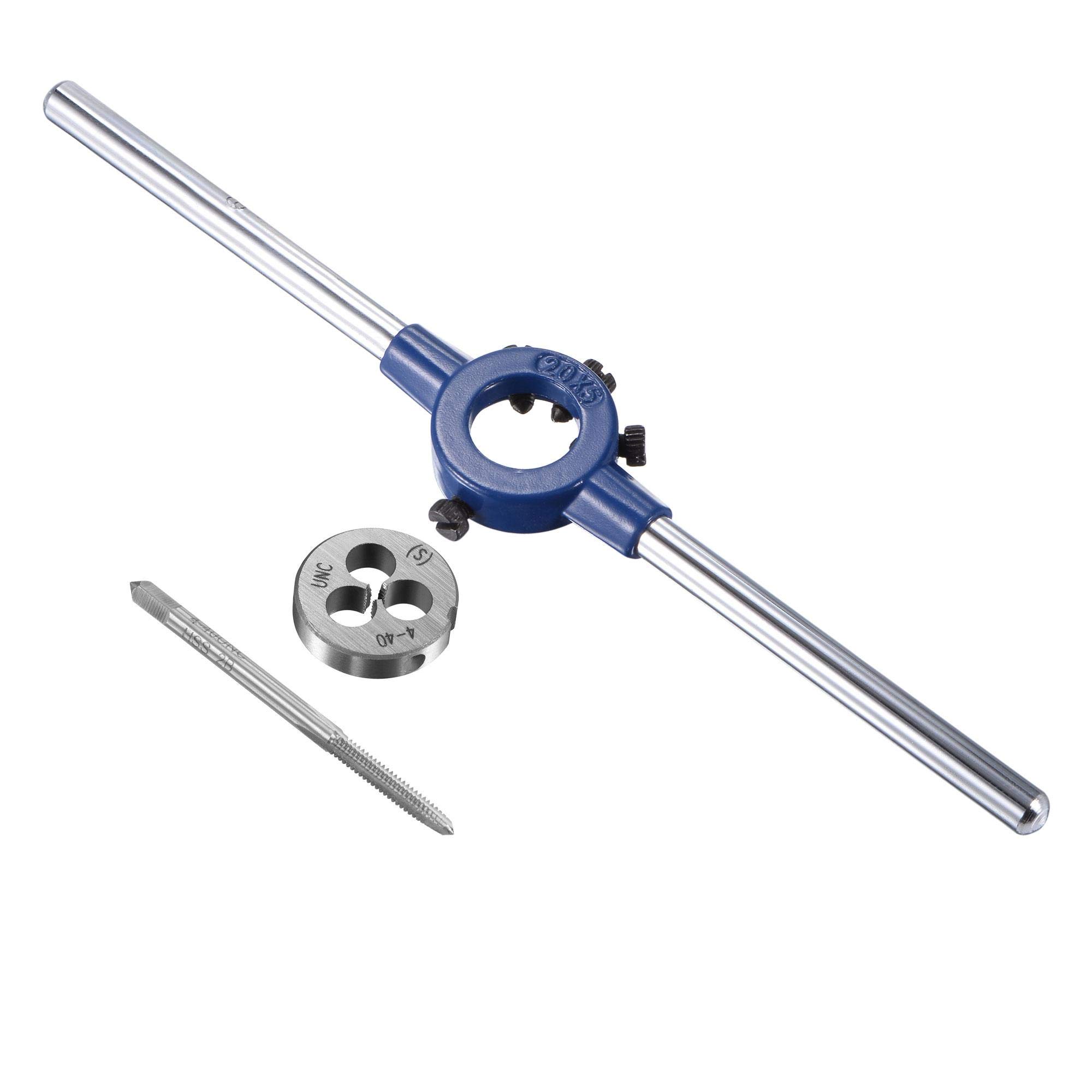 sourcing map 4-40 UNC Tap and Die Set with 20mm Round Die Stock Handle Wrench, High Speed Steel Machine Thread Tap and Round Die Threading Tool