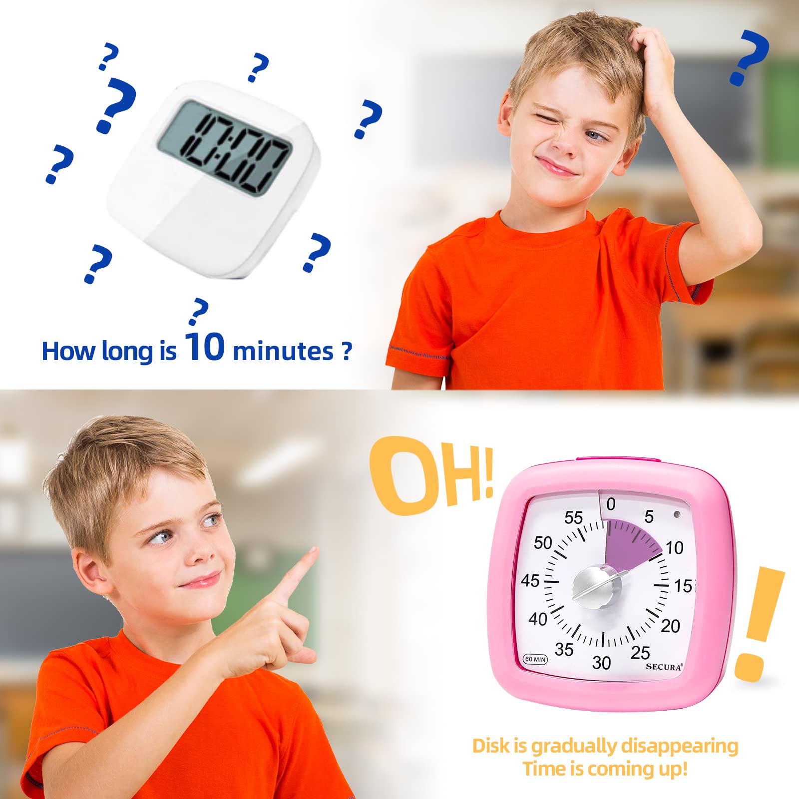 Secura 60-Minute Visual Timer, Silent Study Timer for Kids and Adults, Time Clocks, Time Management Countdown Timer for Teaching (Pink)