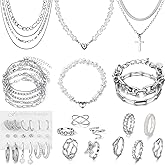 VKME 43 PCS Silver Jewelry Set for Women,Ball Dangle Hoop Earrings,Multi Layered Bracelets,Stackable Knuckle Rings,Adjustable Dainty Necklaces,Anniversary Valentine Fashion Trendy Party Gift Pack