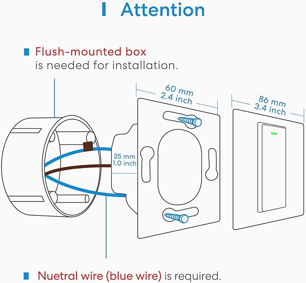 Interruptor de Pared Inteligente 1 Va 1 Canal Wi Fi Interruptor Compatible con HomeKit Siri Alexa Google Assistant y SmartThings meross Se Requiere un Cable Neutral