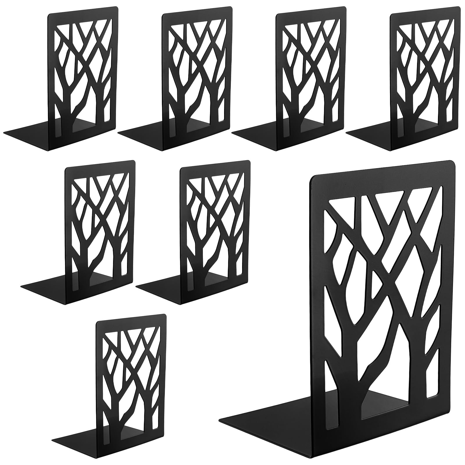 HEIHAK 8 PCS 4 Pair Metal Tree Bookends, Black Book Holder, Heavy Duty, Anti-Slip, Sturdy, Unique Design, Book Stopper for Home, School, Office, Library