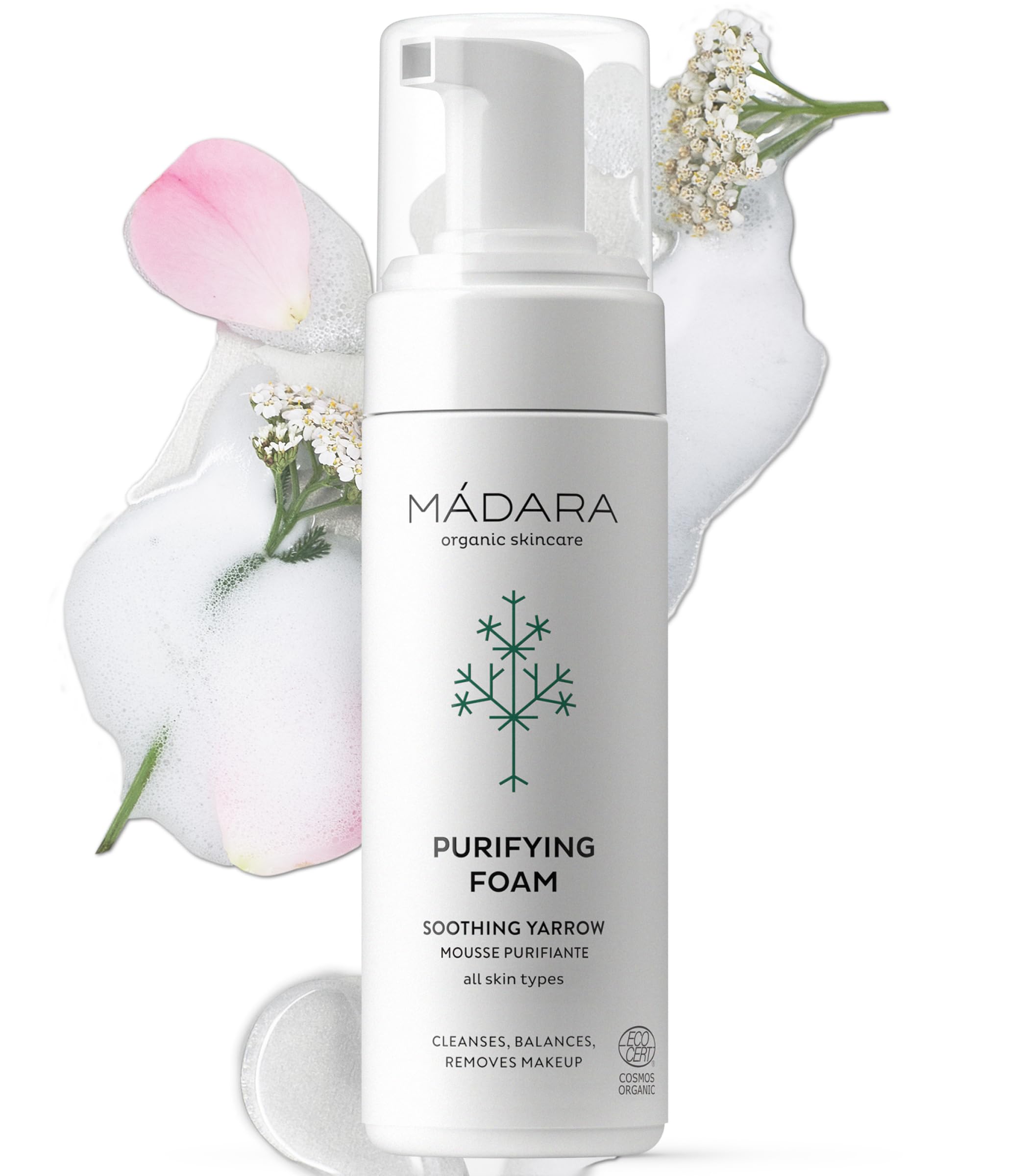 MÁDARA Organic Skincare | Purifying Foam – 150 ml, Moisturising formula with Northern Yarrow extract, Gentle foaming cleanser, Removes makeup and impurities, COSMOS Organic certified.