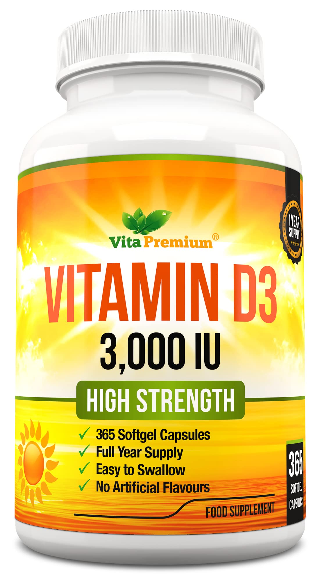 Vitamin D 3,000 IU, High Strength Vitamin D3 Supplement, 365 Easy to Swallow Softgels - Full Year Supply