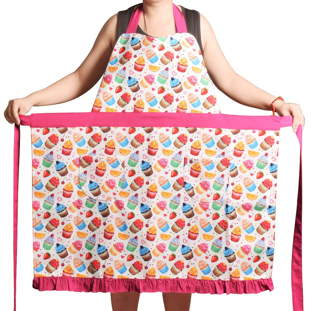 Aprons for Women Girls Plus Size, Adjustable Kitchen Cooking Apron with 2 Pockets & Extra Long Ties, 34x36 inch (Pink Cupcake)