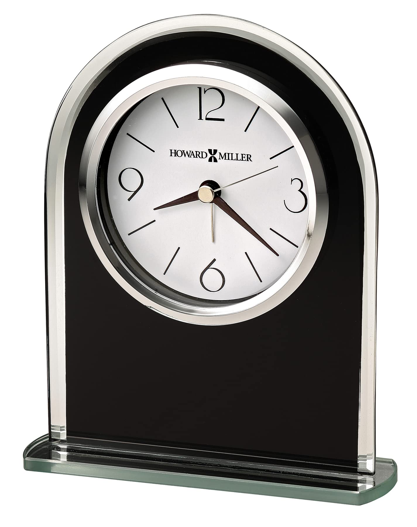 Howard Miller Ebony Luster Table Clock 645-702 – Modern Decor, Black Glass Arch, Silver Mirrored Edge & Base, Black Hour Markers, Quartz Alarm Movement