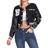 babyhealthy Womens Crop Varsity Jacket Stitched Leather Baseball Bomber Jacket Y2K Streetwear Short Coat
