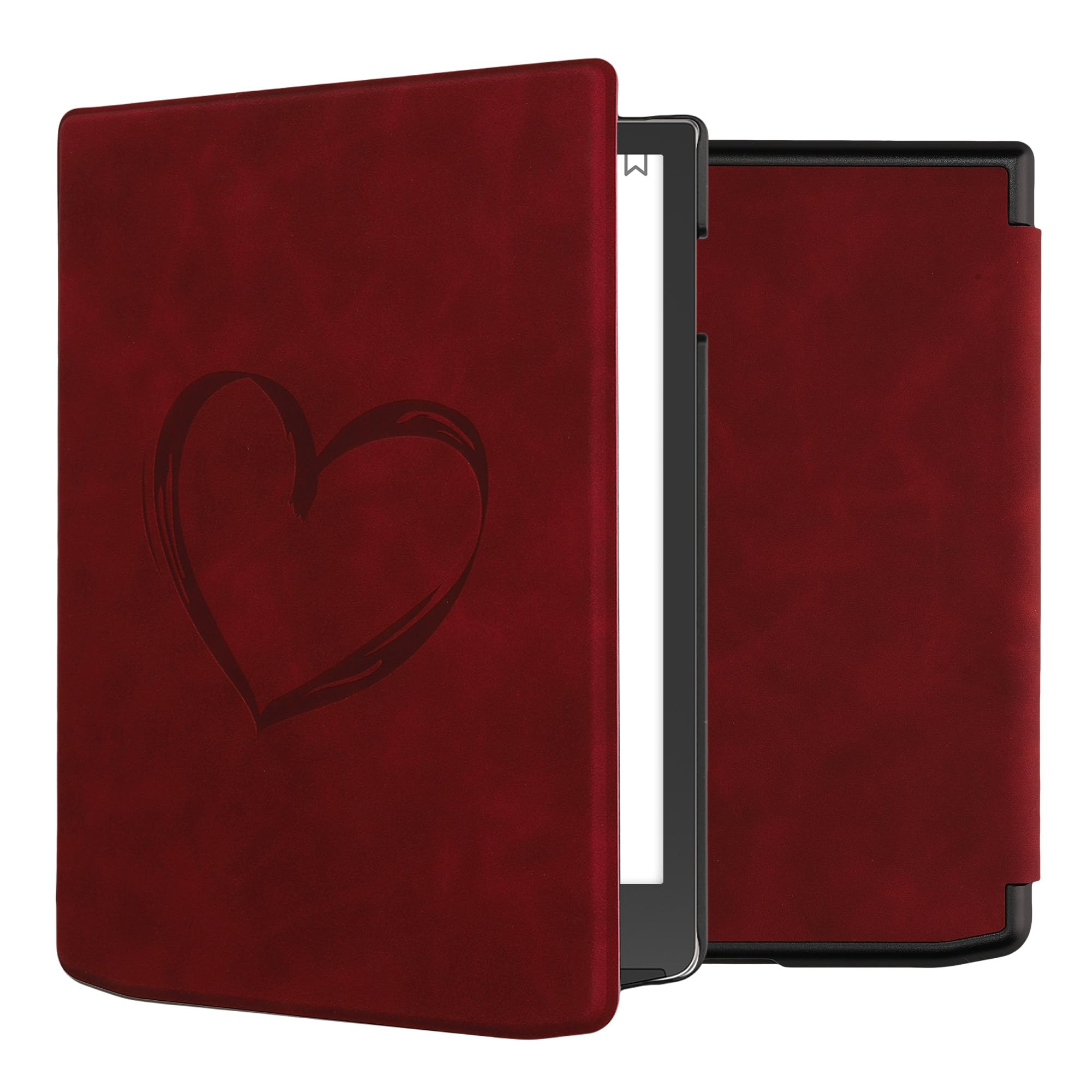 kwmobile Cover for Pocketbook InkPad 4 / Color 3 / Color 2 / Vivlio InkPad 4 / InkPad Color 3 Case - eReader Cover with auto sleep funktion - Brushed Heart with Dark Red