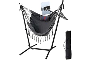 NUNET Hammock Chair with Stand Phone/Tablet Holder Included Portable Double Swing Chair Adjustable Height Steel Stand Macrame w. Pillow Indoor Outdoor Balcony Patio 300lbs Capacity (2025 Upgraded)