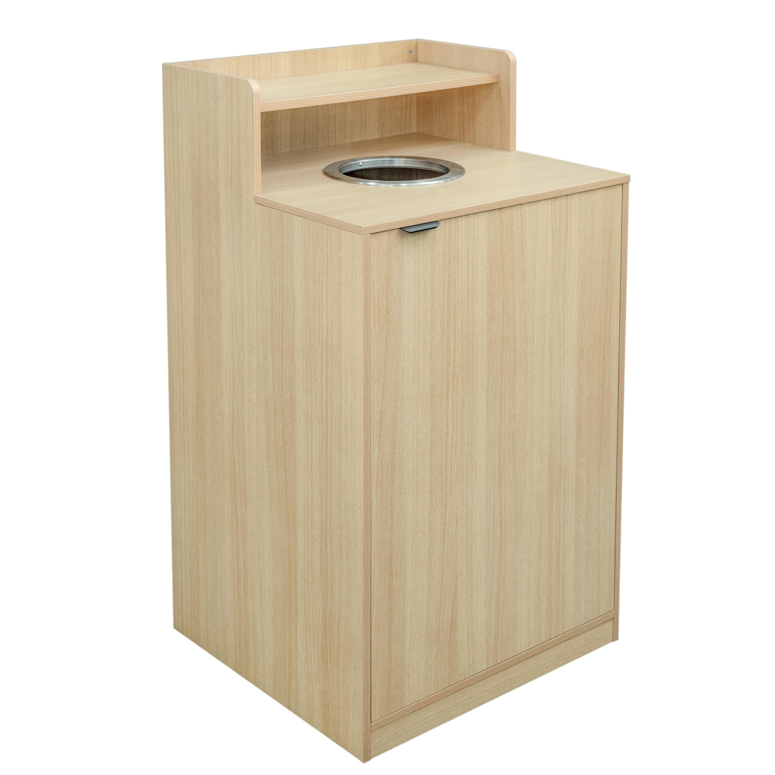 Photo 1 of ***used + minor damage ***Flash Furniture Dell Trash Can Enclosure with Tray Shelf and 8" Drop Hole, Commercial Grade Trash Receptacle for 32 Gallon Round Cans, Swing Door Access, Oak