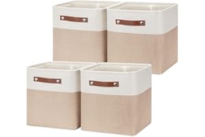 HNZIGE Foldable Storage Cubes Baskets for Organizing Set of 4, Fabric Cube Storage Bins 11 x11, Collapsible Storage Basket Bins Cube with Handles for Shelves Home Nursery(White Beige)