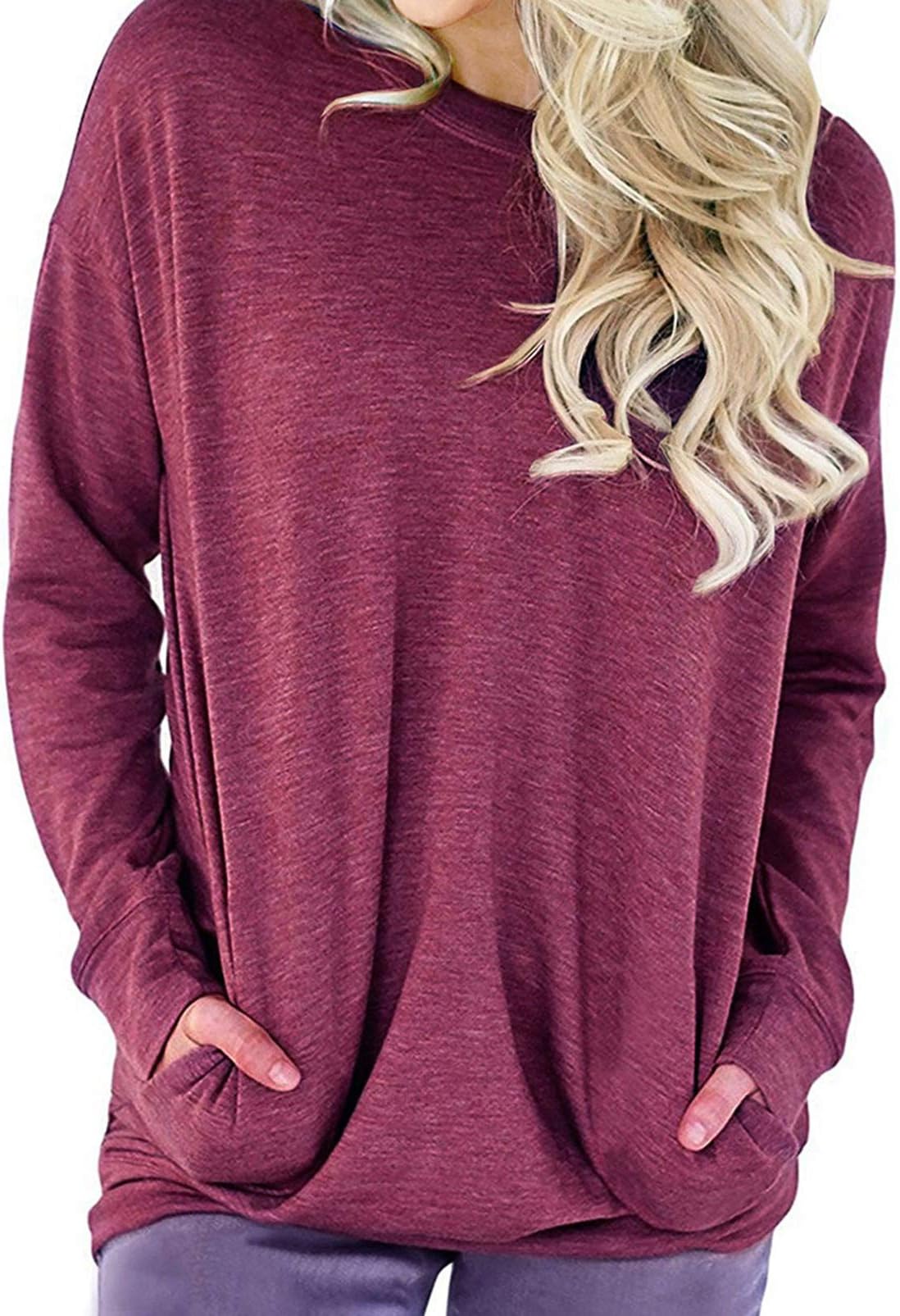 lymanchi Women Round Neck Long Sleeve Shirt Loose Baggy Pocket Pullover Tunic Top