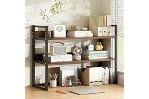 CTREVL 2-Tier Desktop Shelf Organizer, Dorm Desk Shelf, Metal Desk Hutch Bookshelf with Wooden Shelves, Space-Saving Countert