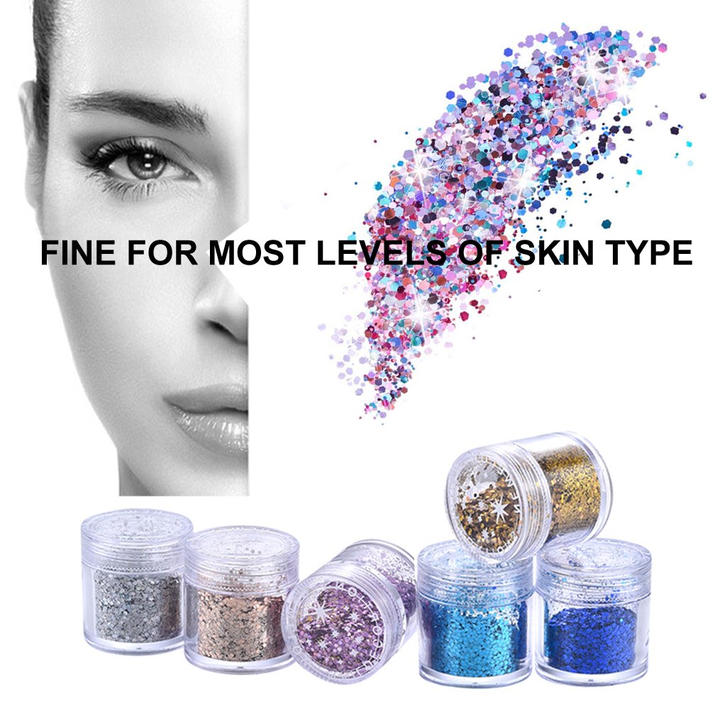 6 Colour Face Glitter - Chunky Glitter - Festival Glitter Cosmetic Face Body Cheeks Hair Nails Art Sparkling Decoration Glitter for Music Festival Wedding Party Masquerade Christmas