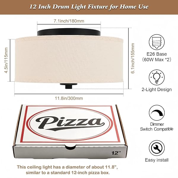 LODSTOB 2-LIGHT FLUSH MOUNT CEILING LIGHT FIXTURE, 12” MODERN CLOSE TO CEILING LIGHT WITH BEIGE FABRIC DRUM SHADE, ROUND PENDANT LIGHT FOR BEDROOM HALLWAY BATHROOM DINING KITCHEN, BULBS NOT INCLUDED