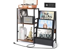 Bikoney Record Player Stand with Power Outlet, Turntable Stand with 3-Tier Vinyl Record Storage, Record Player Table Up to 200 Albums, Records Shelf, Vinyl Record Holder Cabinet for Living Room