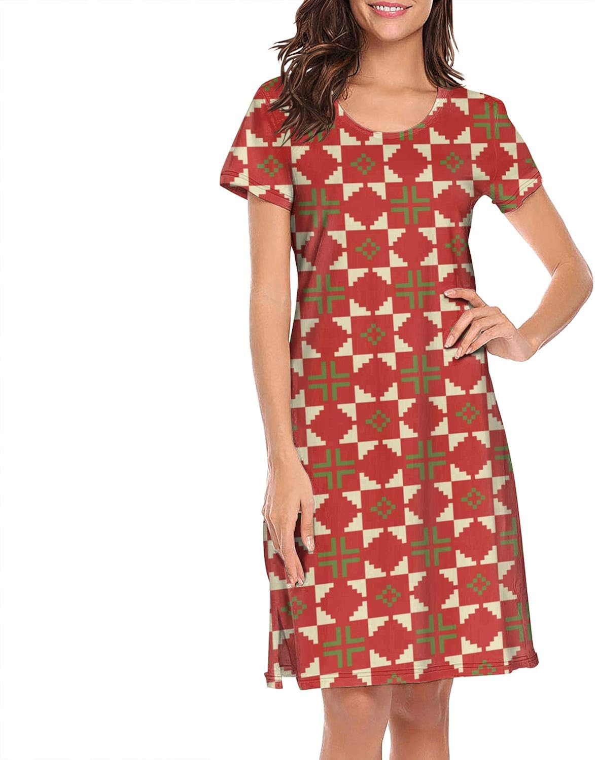 Women Nightgown Christmas Tree Jingle Bells Soft Design Short Sleeve Women's Christmas Nightgown