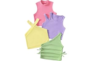 OYOANGLE Toddler Girl's 4 Pack Ribbed Knit Crop Tank Tops Set One Shoulder Summer Camisole