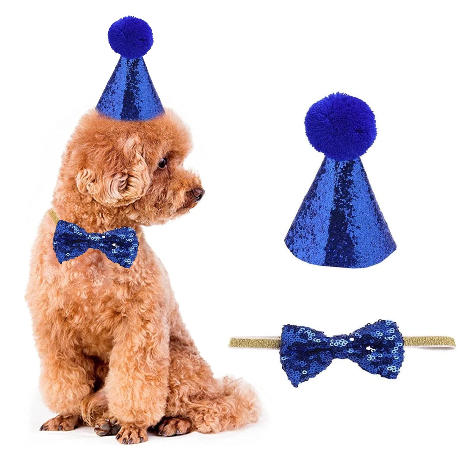 Dog Birthday Hat, Pet Dog Cat Birthday Hat and Bow Tie Collar Pet Birthday Costumes Outfit Headwear Party Decorations for Puppy Kitty (BLUE)
