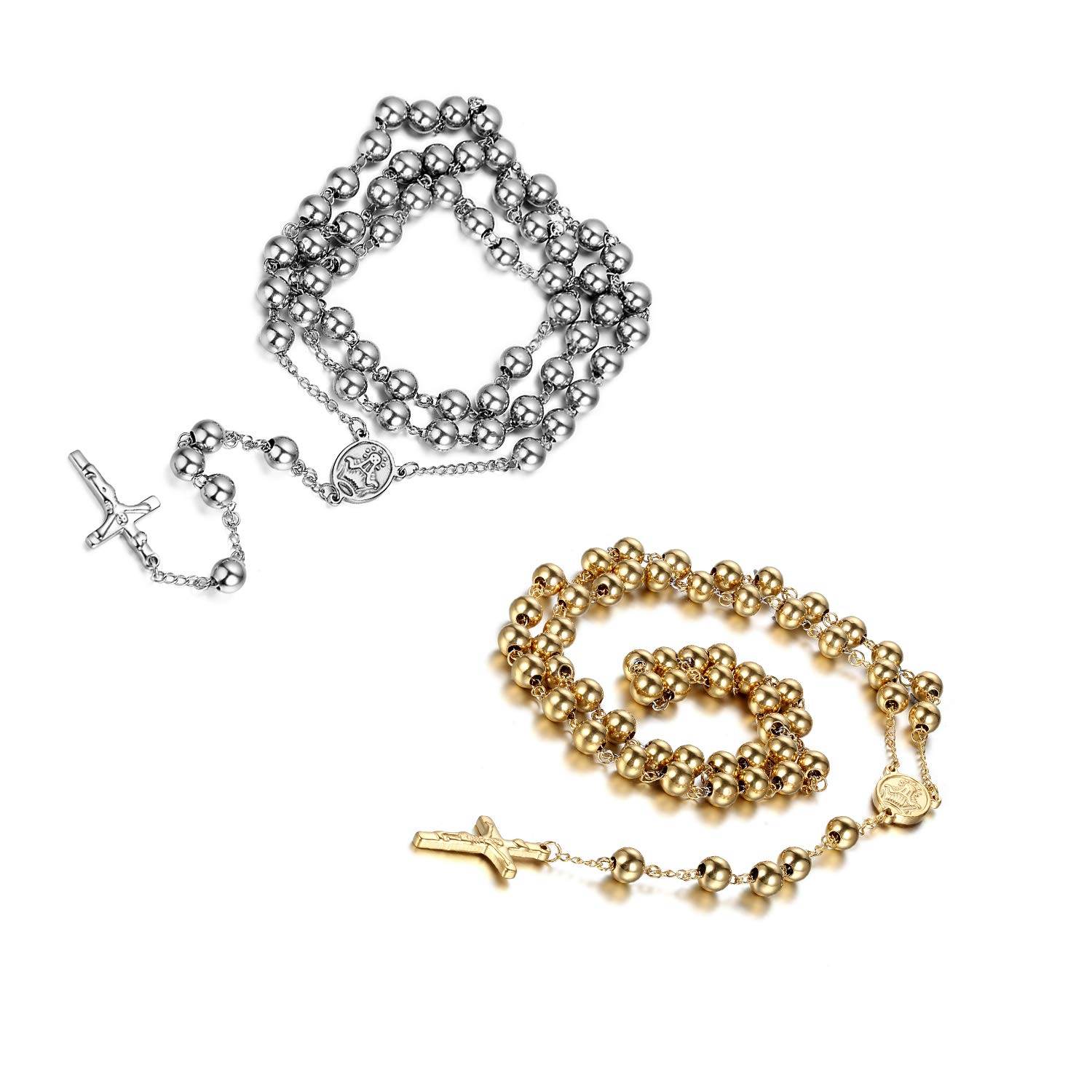 JewelryWe 2PCS New Gold/Silver Tone Stainless Steel Rosary Beads Necklace with Crucifix Cross Pendant 36.6 Inch Chain, 8mm Beads — image 1