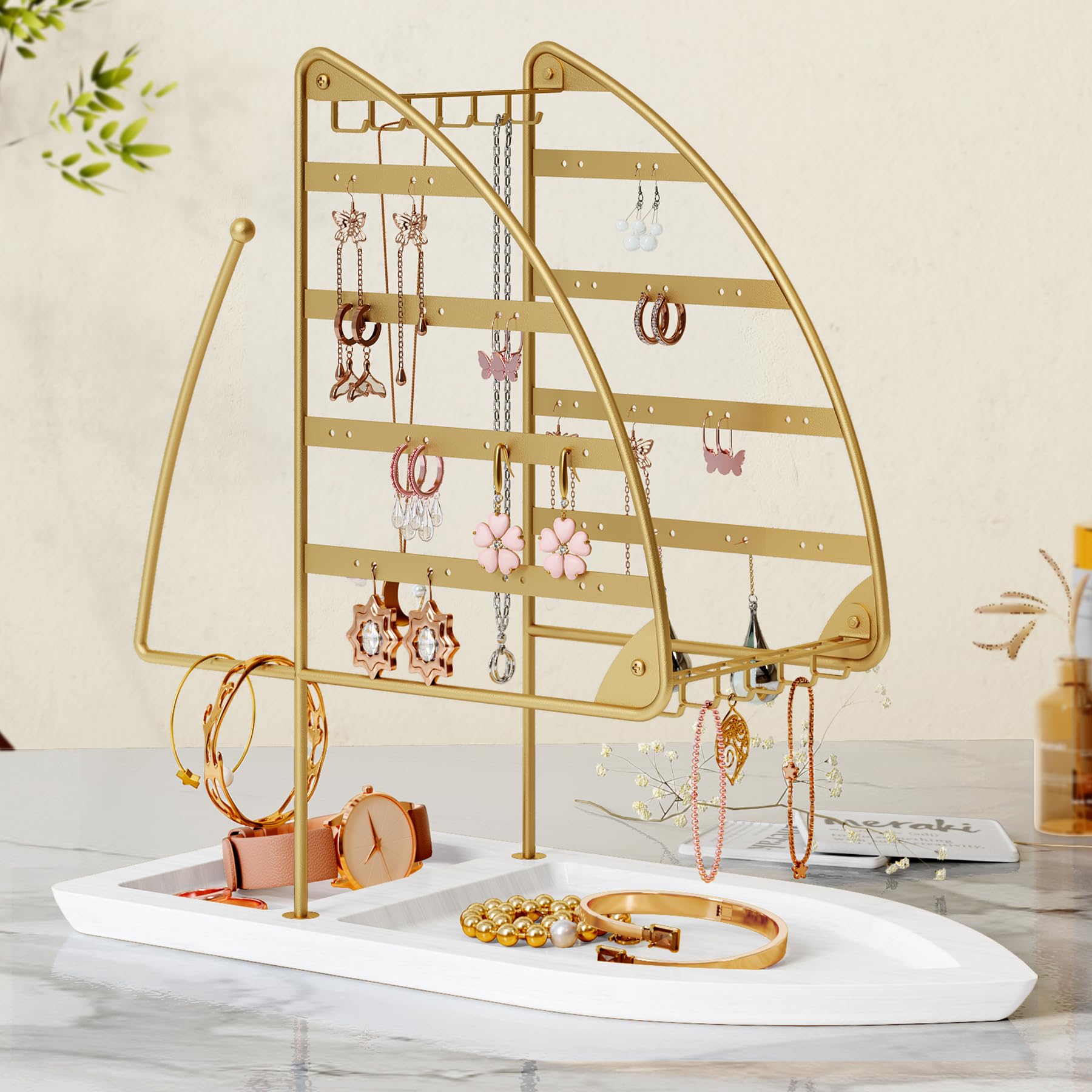 Photo 1 of NiHome Metal Jewelry Stand with Wood Organizer Tray for Necklaces, Earrings, Rings, Accessories, Decor for Dressing Table, Living Room, Bathroom, Space-Saving Quick Assembly Jewelry Holder (Gold)