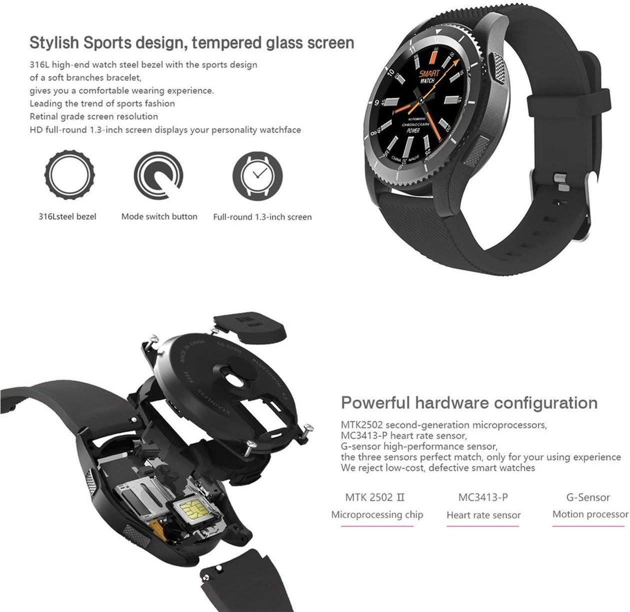 WOSOSYEYO No.1 G8 Smartwatch Bluetooth 4.0 SIM Mensaje de Llamada ...